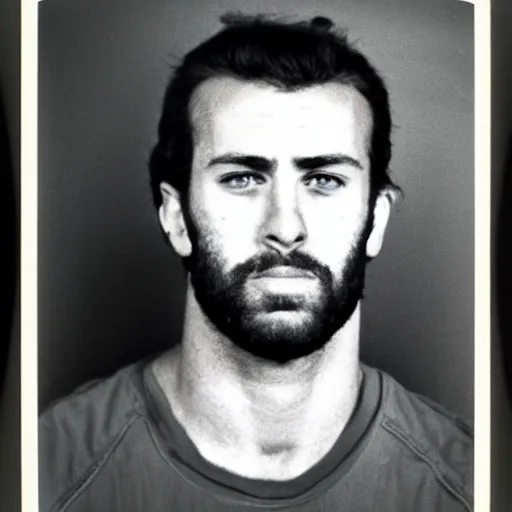 Image similar to Mugshot Portrait of Gigachad, taken in the 1970s, photo taken on a 1970s polaroid camera, grainy, real life, hyperrealistic, ultra realistic, realistic, highly detailed, epic, HD quality, 8k resolution, body and headshot, film still, front facing, front view, headshot and bodyshot, detailed face, very detailed face