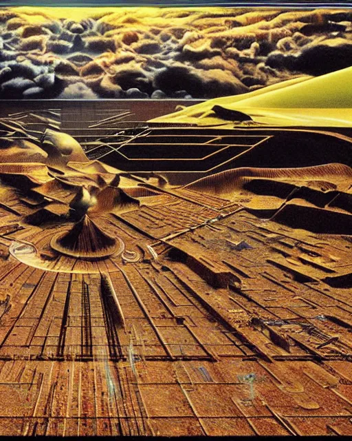 Prompt: a surrealist techno landscape made of synthesizer textures and parts, Jean-michel Jarre Oxygene, 1979, surrealist, photorealistic painting, highly detailed, moody, psychedelic, rule of thirds, golden ratio, 6:3:1