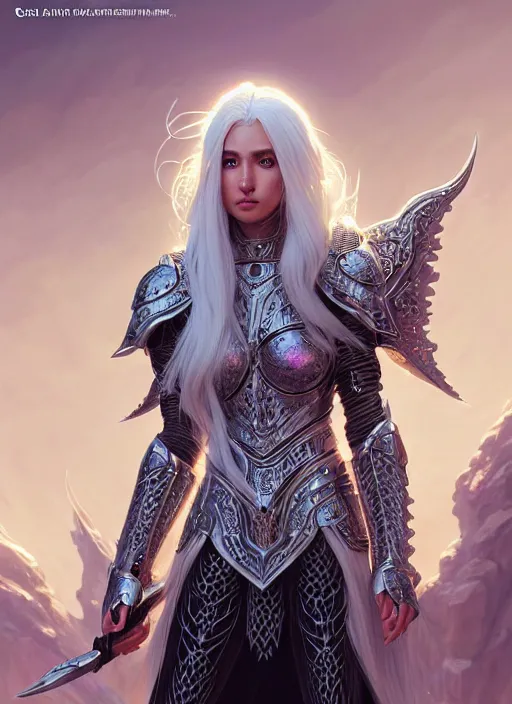 Image similar to light opal armor!!! long wild white hair!! covered chest!!! fantasy, d & d, intricate ornate details, symmetry, concept art, sharp focus, illustration, art by artgerm! greg rutkowski magali villeneuve wlop! ilya kuvshinov!!, octane render, unreal engine 5, highly rendered!!