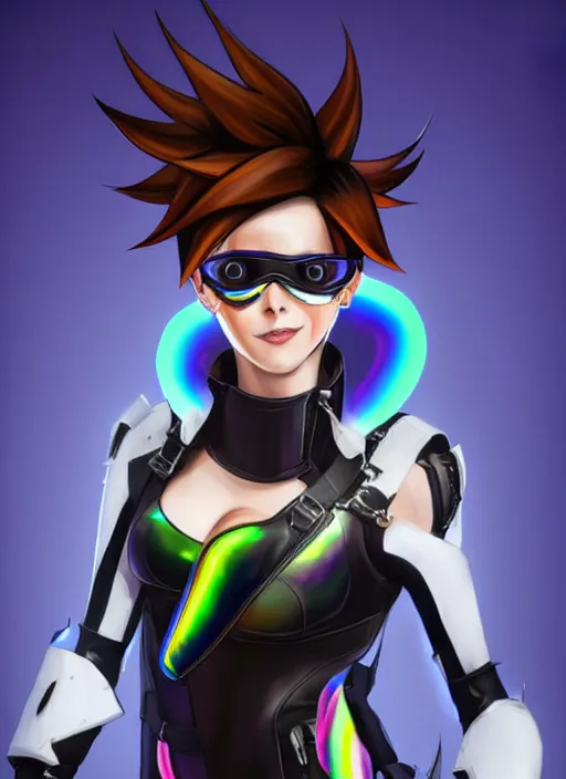 Image similar to full body digital artwork of tracer overwatch, wearing black iridescent rainbow latex, 4 k, expressive happy smug expression, makeup, in style of mark arian, wearing detailed black leather collar, wearing sleek armor, black leather harness, expressive detailed face and eyes,