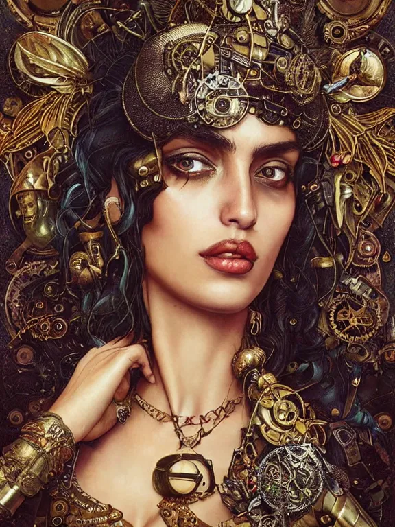 Image similar to a steampunk portrait of Irina Shayk,embellished sequined,feather-adorned,by tom bagshaw,Cedric Peyravernay,Peter Mohrbacher,William Holman Hunt,William Morris,Catherine Nolin,metropolis,Gucci,Dior,trending on pinterest,maximalist,glittering,feminine