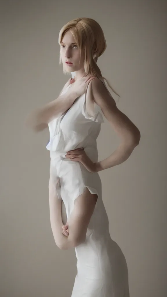 Image similar to photo of gorgeous tall emily skinner cosplaying annie leonhart wearing elegant white dress in a white room, beautiful face, pale skin, rule of thirds, cinematic lighting, rainy weather, melancholy atmosphere, sharp focus, backlit, stunning, smooth, hard focus, full body shot, studio photo, shot on sony a 7 iii, hyper realistic,