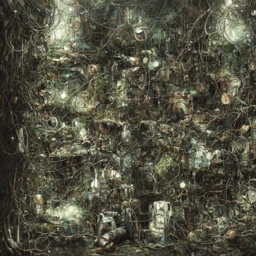 Image similar to the remnants of a broken robot covered in wires and foliage in an underground laboratory, somber melancholic matte painting, highly detailed oil painting, liminal space, 8k, stillness, solitude, sorrowful nostalgic awe-inspiring atmosphere, masterpiece