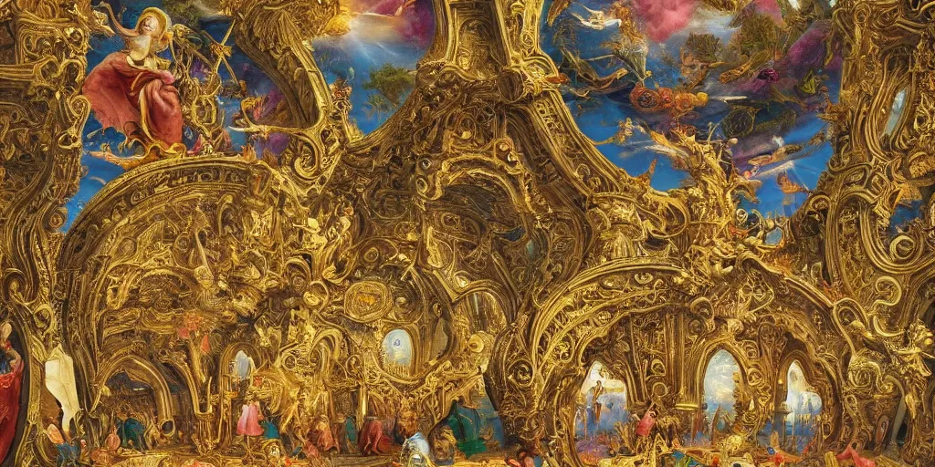 Prompt: beautiful!!! ornate heavenly!!! gold rococo megastructure in the style of heironymus bosch, colorful intricate masterpiece, hyper detailed, hd