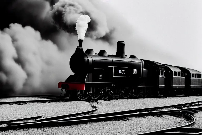 Image similar to black and white photograph of a sleek, futuristic steam locomotive thundering down the rails at high speed, cinematic, volumetric light, f 6 aperture, cinematic eastman 5 3 8 4 film