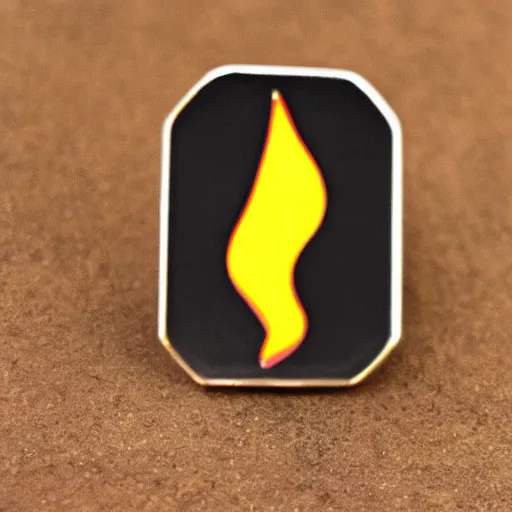 Prompt: a diamond enamel pin of a retro minimalistic flame fire warning label, smooth curves