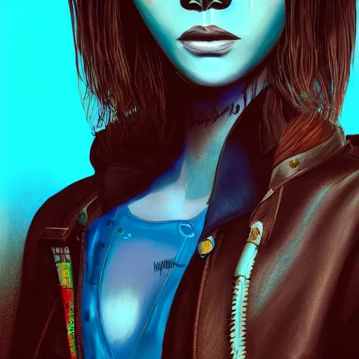 Image similar to closeup painting of a very beautiful young mexican cyberpunk woman with a smirk, wearing light blue shutter shades and a dark brown leather jacket, one side haircut, long brown hair with light blue ends, portrait, hyperdetailed, artstation, cgsociety, 8 k, synthwave by tangerine dream