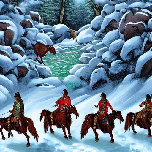 Image similar to digital art savage indians on the warpath riding horses through a rocky creek in the snow