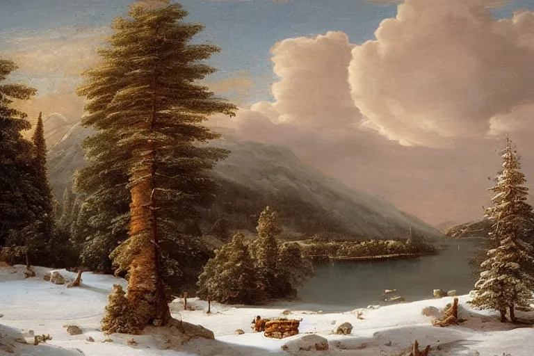 Image similar to beautiful landscape with winter and lake and pine trees, mythology, fantasy, landscape background, vivid colors, digital painting, very detailed, realistic, high quality, by claude lorrain