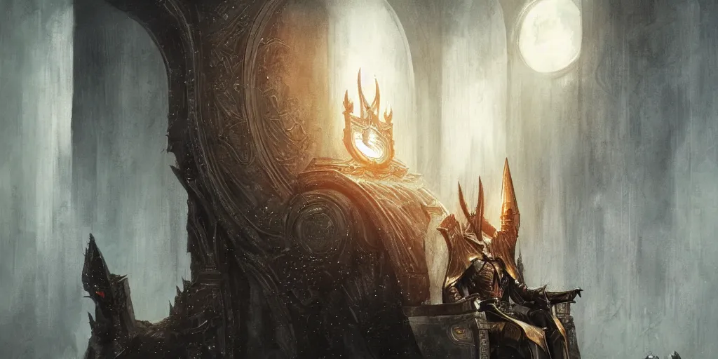 Image similar to Sauron resting in his throne, throne room, oil painting, by Greg Rutkowski