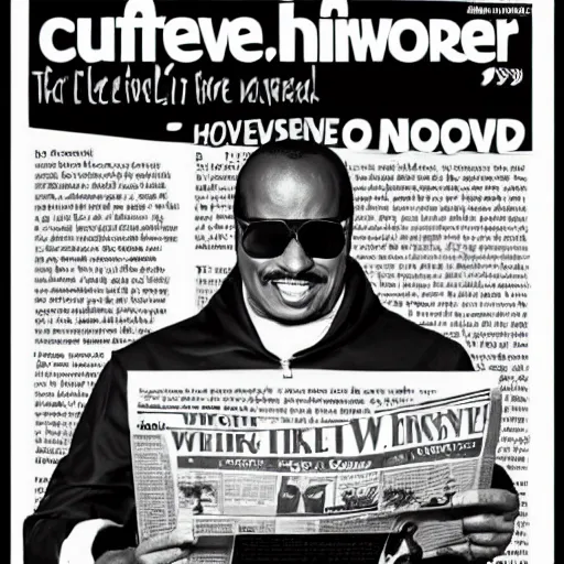 Image similar to Stevie wonder reading the newspaper looking intrigued, cover magazine, photo