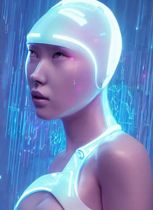 Prompt: a beautiful oriental female humanoid with freckled cheeks, cyber neon lighting, futurism, intricate futuristic jewelry accessories, cyberpunk glossy white latex swimsuit, profile posing, hyper photorealistic, crispy quality, digital photography, trending in artstation, trending in pinterest, cinematic, 4 k ultra hd, art by pascal blanche, art by greg rutkowski,