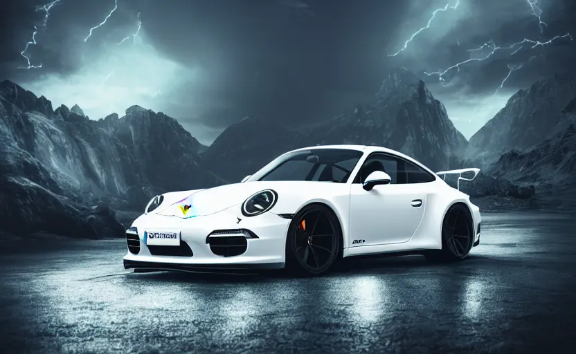 Prompt: a white Porsche 911 in the mountain at night by Khyzyl Saleem, cyan headlights, night time, lightning, heavy storm, atmospheric, artstation, concept art, illustration, sharp focus, high detail, octane render, cyberpunk, intimidating