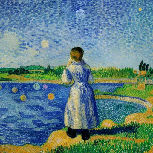 Image similar to young woman dreaming of bubbles and fish, concept art, gouache, camille pissarro, van gogh, wide shot