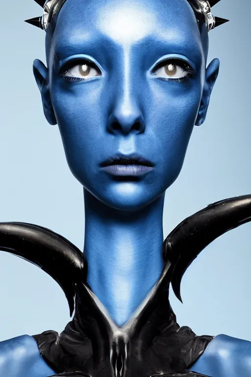 Image similar to beautiful studio portrait of an elegant blue alien woman with insect eyes, wearing an outfit made from plutonium, silicone skin, symmetrical face, piercings resembling plasma jets, by luc besson and denis villeneuve, the 5 th element, hyperrealism, cinematrographic, sharp details, 3 5 mm, f / 2 4, masterpiece, artstation