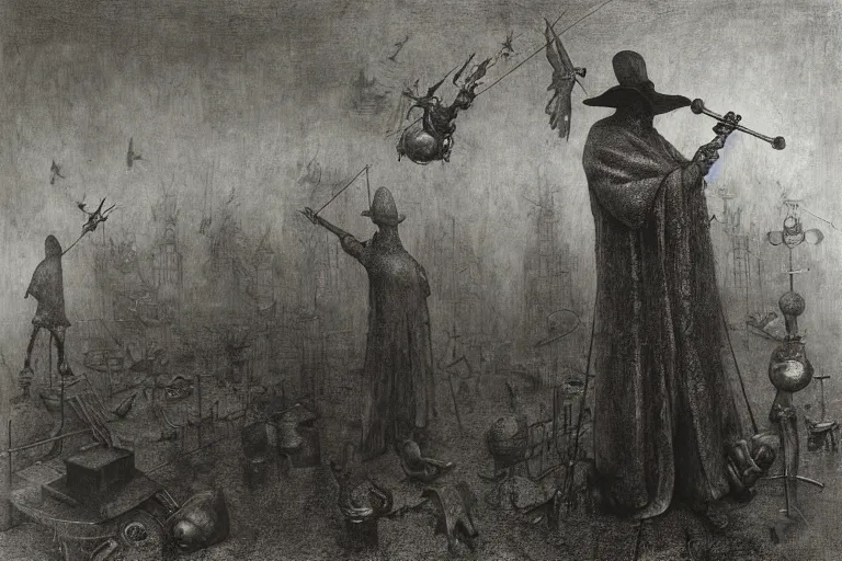 Image similar to plague doctors with rube goldberg machines in the fog by joel peter witkin, heironymus bosch, gustave dore, beksinski