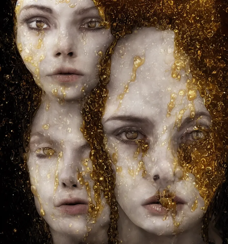 Prompt: single head, dripping void and honey in the moonlight, solo marble face and hair, glitchy objects, creepy tools, fusion lighting, highly detailed, HDRI, by Hilma AF Klimt, high contrast, 8k resolution, intricate, photorealistic, smooth