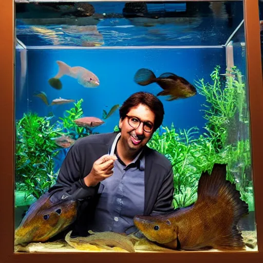Prompt: ray romano with glasses holding a catfish in front of an aquarium,, morning light, vibrant,, highly detailed, masterpiece,