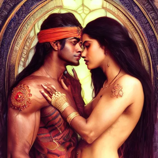 Image similar to portrait painting of dark muscular indian royal couple hugging from behind, ultra realistic, concept art, intricate details, eerie, highly detailed, photorealistic, octane render, 8 k, unreal engine. art by artgerm and greg rutkowski and alphonse mucha