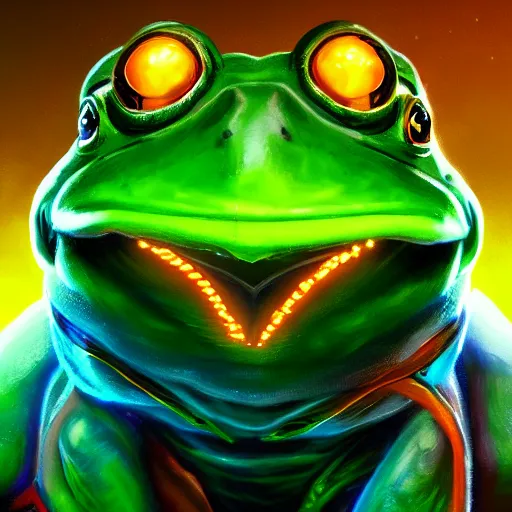 Prompt: illuminated cyber frog, vivid colors, high details, cinematic, 8k resolution, beautiful detailed, photorealistic, digital painting, artstation, concept art, smooth, sharp focus, illustration, fantasy background, artstation trending, octane render, unreal engine