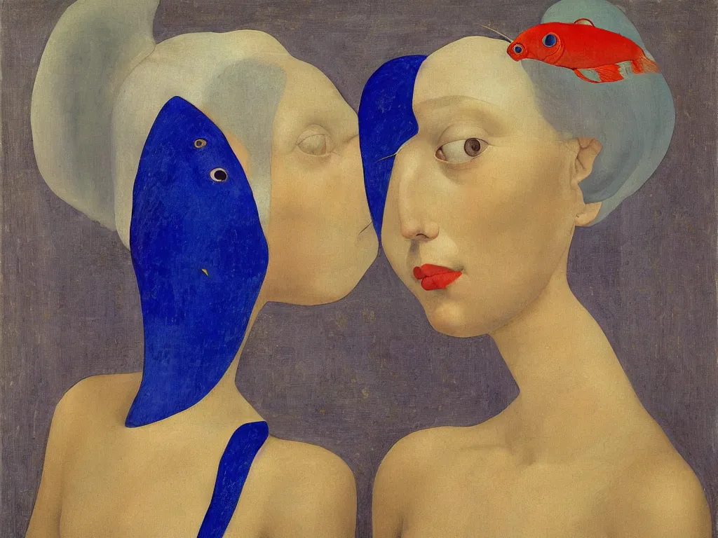 Image similar to portrait of a woman head with exotic red serit fish. lapis lazuli, gold. painting by piero della francesca, balthus, agnes pelton