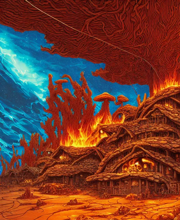 Image similar to a cabin made out of exotic fungus, weird fungus and tendrils, spaceship, sci - fi, robots, somber, partly cloudy, hellscape, hell, fire, brimstone, lava, by dan mumford, yusuke murata, makoto shinkai, ross tran, cinematic, unreal engine, cel shaded, featured on artstation, pixiv