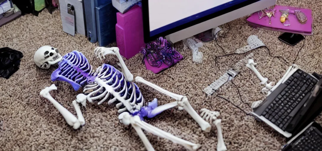 Prompt: the skeleton lies on the ground in front of the computer, office, magenta and blue