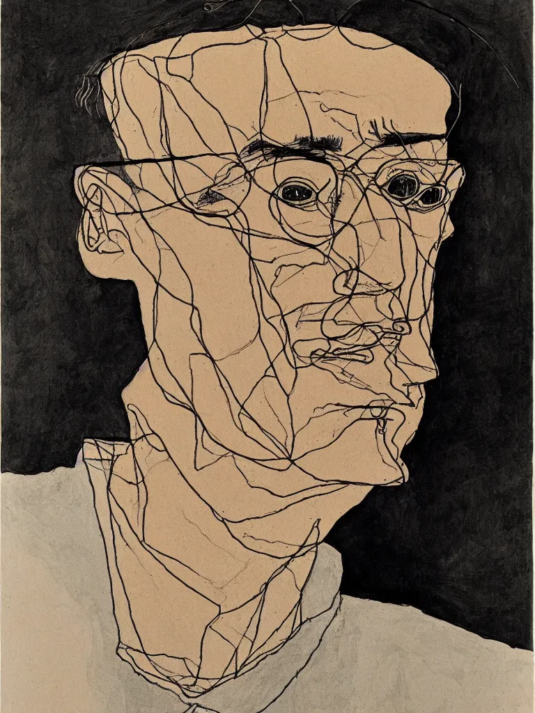 Image similar to a detailed single - line art portrait of hermann hesse, inspired by egon schiele.