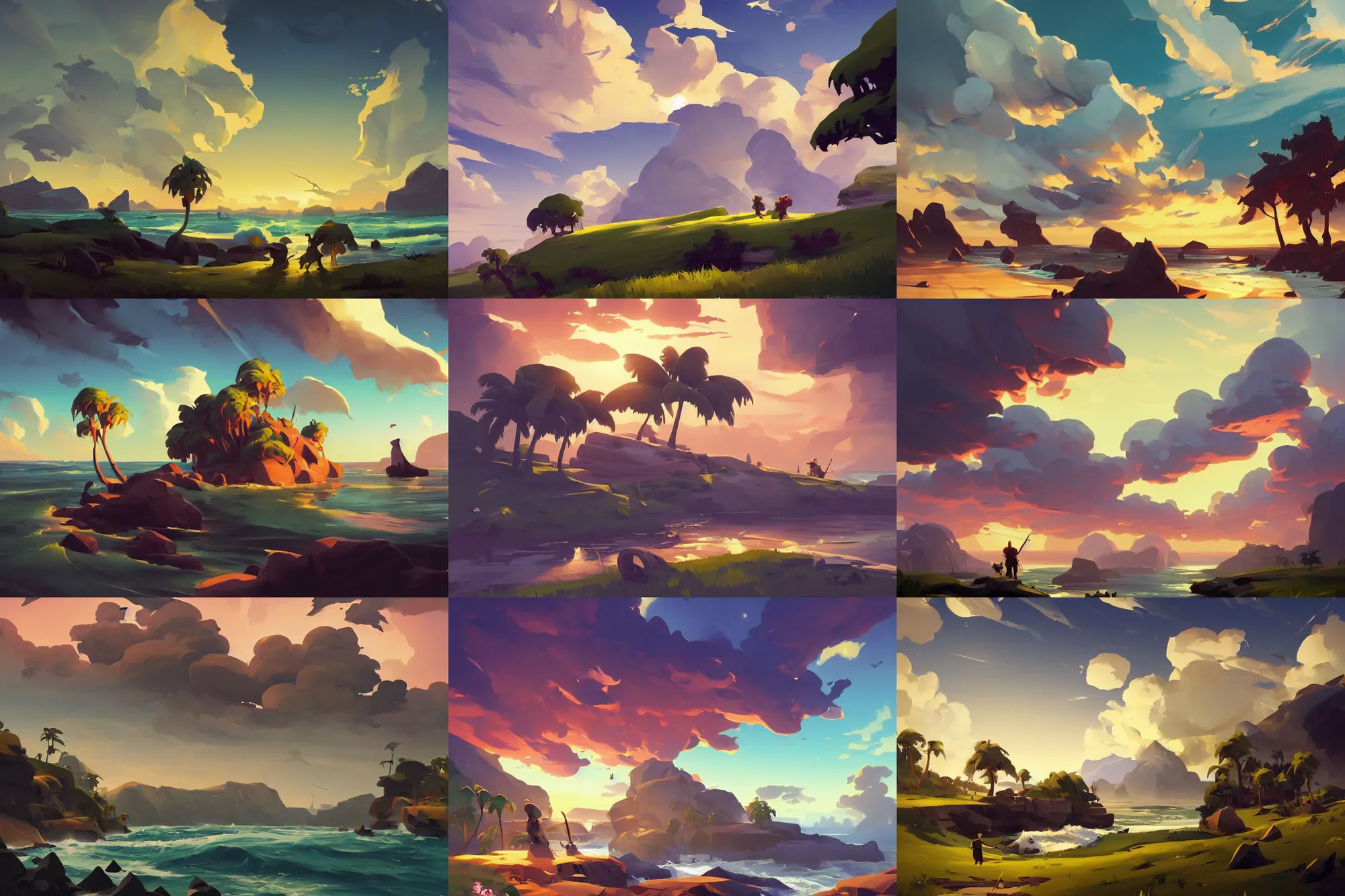 Image similar to landscape painting by sargent painting treasure on sea of thieves game smooth median photoshop filter cutout vector, behance hd by jesper ejsing, by rhads, makoto shinkai and lois van baarle, ilya kuvshinov, rossdraws global illumination adove low clouds sky image overcast