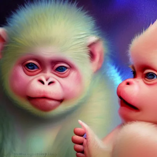 Image similar to magical scene. the sweet old very fat baby white monkey, red lips, blue eyes, is in love with her fancy beautiful colorful white fish. close up. clear face. subsurface scattering shiny skin. cinematic scene. glossy. highly detailed, color harmony, art station, ornate, caravaggio style. 3 d, beautiful lighting, old photography