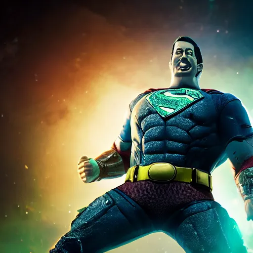 Image similar to pickle rick as superman! in gears of war, splash art, movie still, detailed face, photorealistic facial features, cinematic lighting, dramatic, octane render, long lens, shallow depth of field, bokeh, anamorphic lens flare, 8 k, hyper detailed, 3 5 mm film grain