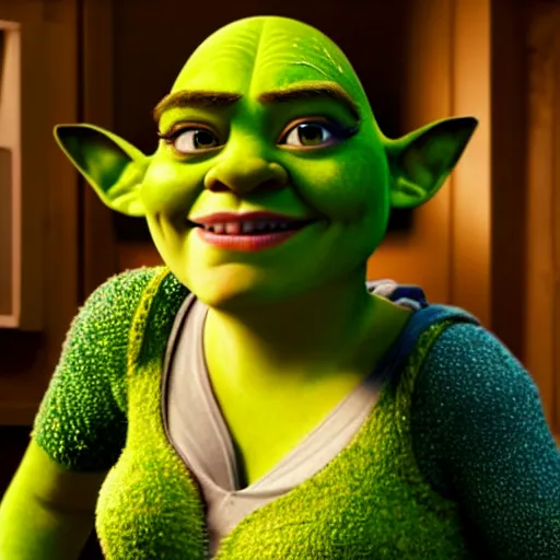 Prompt: Emma Stone as a female version of Shrek, she has shrek nose, long pointy ears features, with green skin, fully detailed, high quality , 4k , octane render , soft lightening , masterpiece