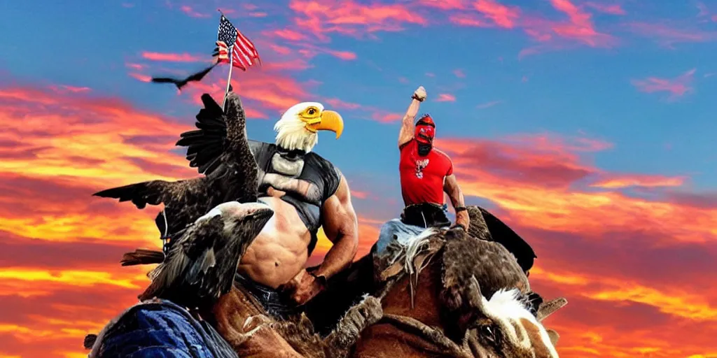 Image similar to hulk hogan riding on the back of a giant bald eagle as red rockets flair into the blue sky while the sun smiles on america's heartland. photograph. epic. inspirational.