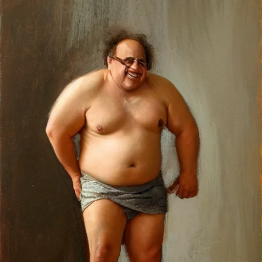 Image similar to Danny Devito with an shredded, toned, inverted triangle body type, painting by Gaston Bussiere, Craig Mullins, XF IQ4, 150MP, 50mm, F1.4, ISO 200, 1/160s, natural light