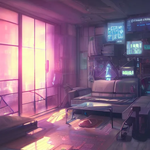 Image similar to the cyberpunk apartment, render, octane, 4k, highly detailed, vivid colors, high definition, by Makoto Shinkai