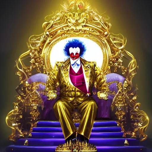 Prompt: anime of a shining majestic throne made of millions of diamonds, gold and zaphires with thousands of light reflections, and a clown on a tuxedo suit is sitting on the throne while handing a golden balloon, dramatic light, digital painting, ultradetailed, artstation, oil painting, ultradetailed, artstation