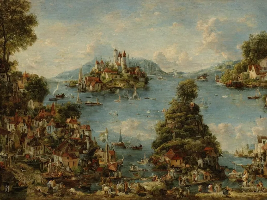 Prompt: a small fantasy village, viewed from the harbor, by jean - baptist monge,