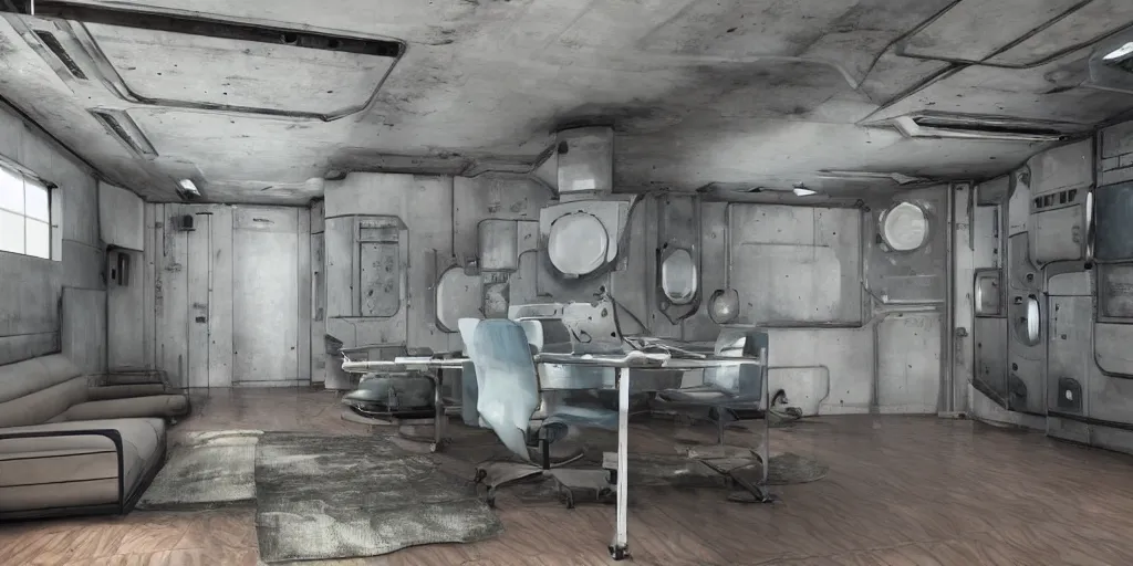 Prompt: faded steel industrial spaceship cramped living quarters painted clean interior room sci - fi