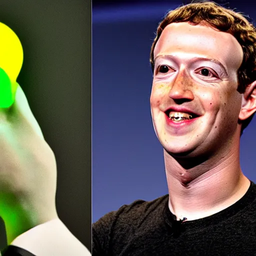 Prompt: Mark Zuckerberg with green scaly skin and yellow glowing eyes.