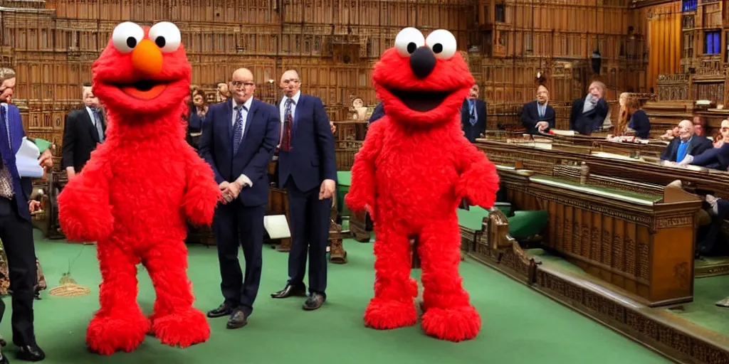 Prompt: a photo of elmo in the house of commons