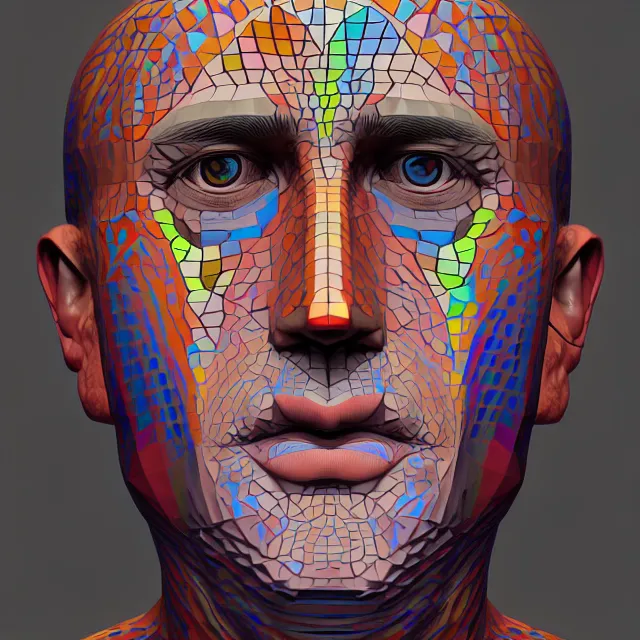 Prompt: a man's face with a multicolored mosaic pattern on it, an ultrafine detailed painting, trending on zbrush central, generative art, low poly, zbrush, behance hd, ethereal, liminal