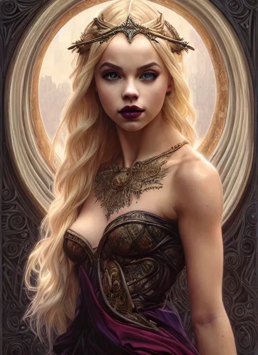 Image similar to ultra realistic illustration, a stunningly beautiful greek gothic goddess of chaos played by jordyn jones and dove cameron and margot robbie and taylor swift and megan fox, intricate, elegant, highly detailed, digital painting, artstation, concept art, smooth, sharp focus, illustration, art by artgerm and greg rutkowski and alphonse mucha