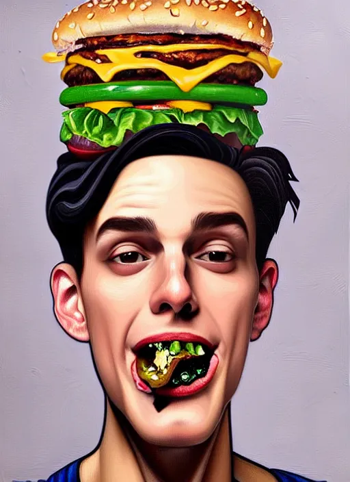 Image similar to oil painting, jughead jones wears a grey crown and devours a hamburger, intricate, elegant, highly detailed, lighting, painting, artstation, smooth, illustration, art by greg rutowski and alphonse mucha