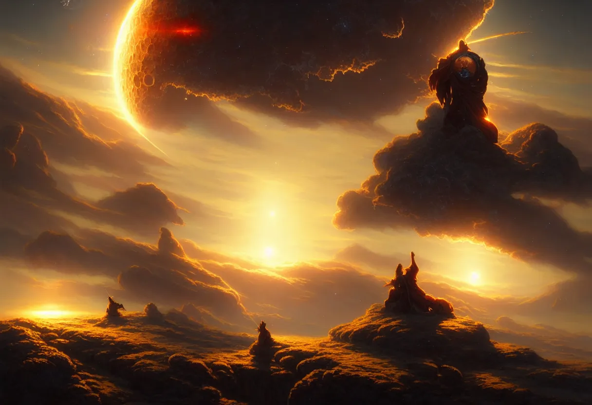 Prompt: beautiful render, planet earth atmosphere against sun with approaching burning meteorite cluster, fantasy, intricate, elegant, highly detailed, digital painting, artstation, concept art, smooth, sharp focus, octane render, dramatic lighting, art by artgerm and greg rutkowski and alphonse mucha and wlop