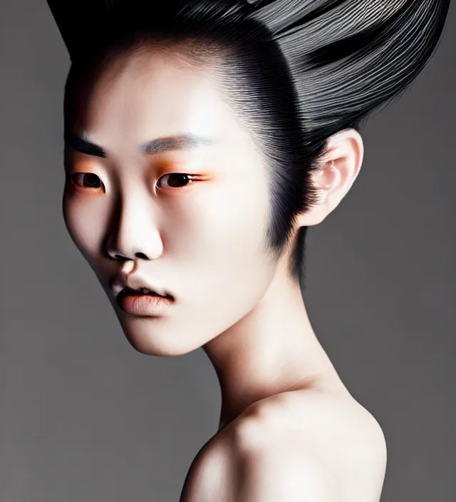 Image similar to photography face portrait of stunning japanese model like ming xi. great hair style, half in shadow, natural pose, natural lighing, rim lighting, wearing an ornate stunning sophisticated coat created by iris van herpen, with a colorfull makeup by benjamin puckey, highly detailed, skin grain detail, photography by paolo roversi