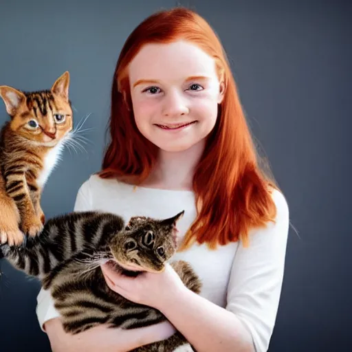 Prompt: young freckled smiling pretty redhead girl is holding a kitten while watching tv, depicted for a children's book, in the style of claudia gadotti and katie risor