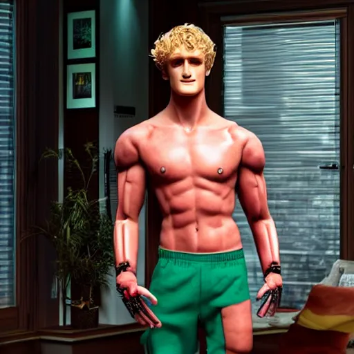 Prompt: a realistic detailed photo of a guy who is an attractive humanoid who is half robot and half humanoid, who is a male android, boxer logan paul, shiny skin, posing like a statue, blank stare, in a living room, on display, showing off his muscles