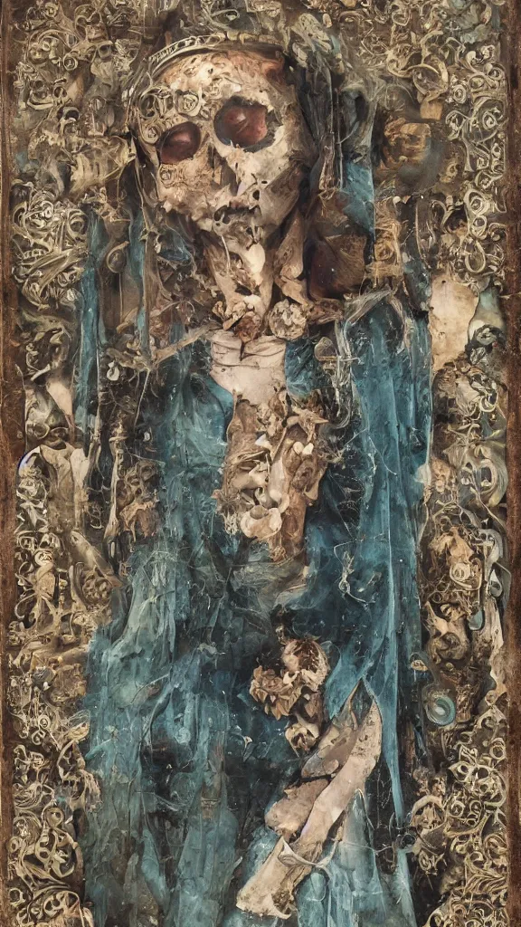 Image similar to tintype full body view, virgin mary in dia de muertos dress and make up, horrific beautiful vibe, evocative, atmospheric lighting, painted, intricate, highly detailed,