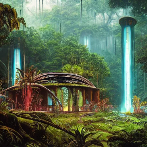 Image similar to ancient monument in the jungle, lost alien civilization, ancient alien tools and houses, tropical forest, glowing alien monuments, alien relic, syd mead, john harris, art station, flowers