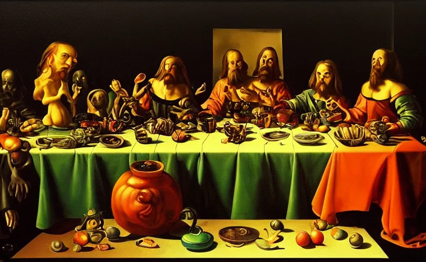 Image similar to disturbing colorful oil painting dark background dutch golden age vanitas still life beautiful composition last supper with bizarre monster busts, odd objects, shiny reflections bizarre symbols rachel ruysch dali todd schorr very detailed perfect composition rule of thirds masterpiece canon 5 0 mm, cinematic lighting, photography, retro, film, kodachrome
